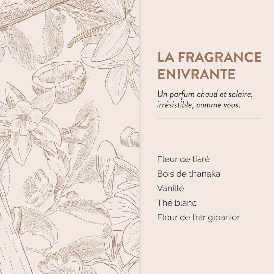 Parfum enivrant pour bien-être féminin : tiaré, vanille, thé blanc, frangipanier