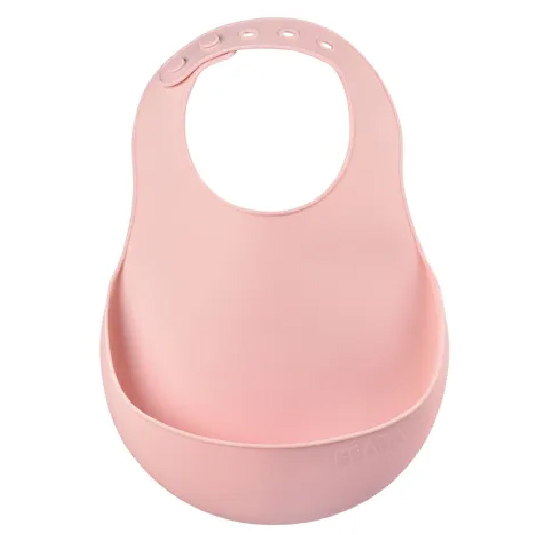 Bavoir en silicone rose pâle pour bébé, avec poche de récupération et boutons ajustables