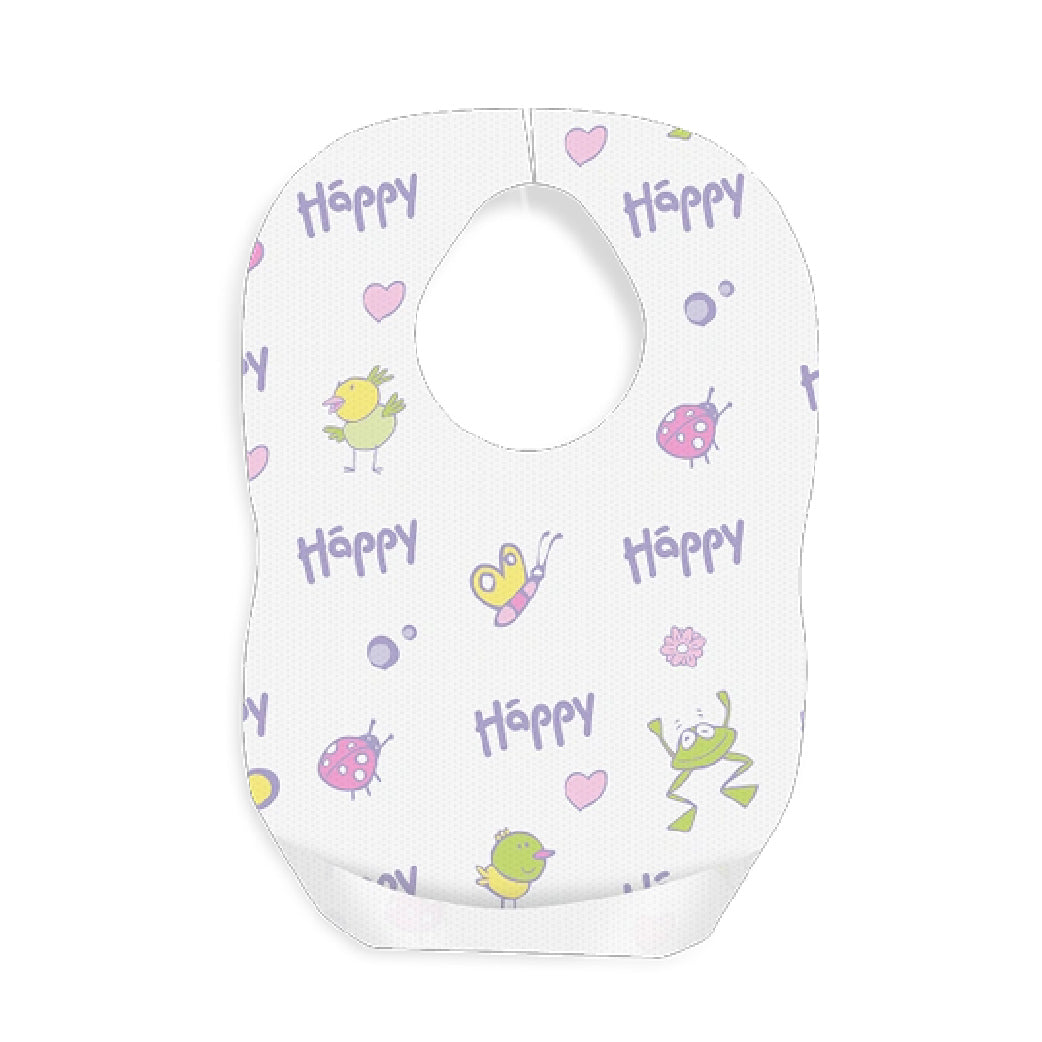 Bavoir bébé doux avec motifs 'Happy', cœurs, oiseaux et coccinelles pour maternité et soins infantiles