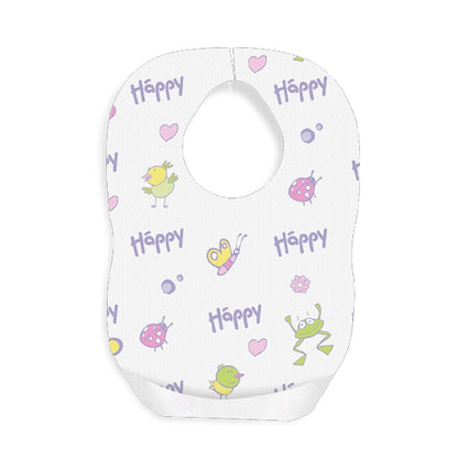 Bavoir bébé doux avec motifs 'Happy', cœurs, oiseaux et coccinelles pour maternité et soins infantiles