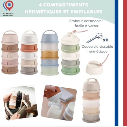 Boîte à lait en poudre empilable, hermétique, 4 compartiments, fabriquée en France, idéale pour voyage et maternité