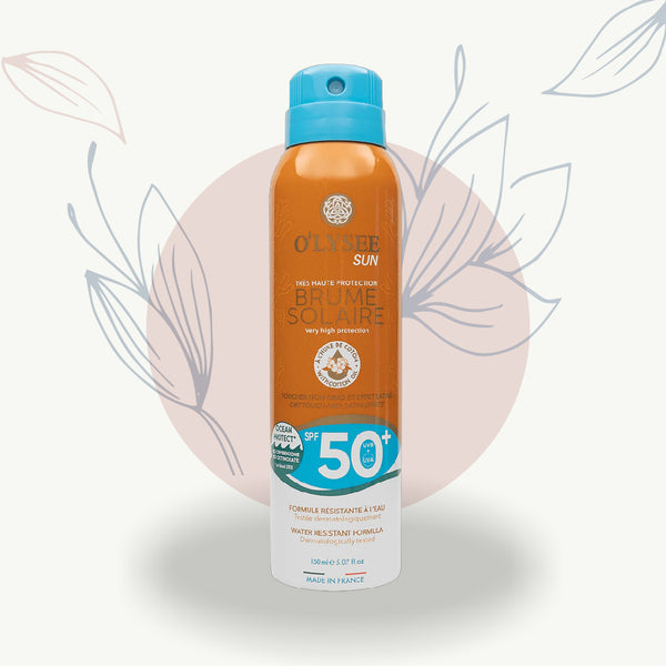 Brume solaire SPF 50+ O'lysee Sun, protection très haute, formule résistante à l'eau, made in France