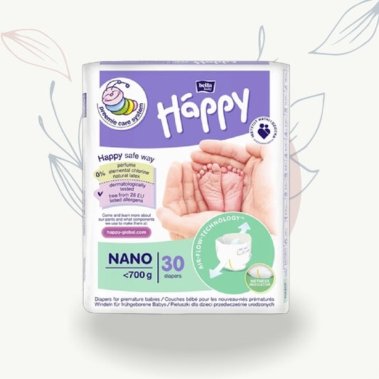 Couches bébé prématuré Happy Nano <700g, 30 unités, sans parfum ni latex, technologie Air-Flow