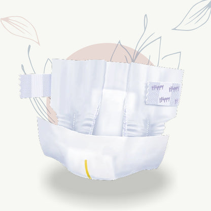 Couche jetable blanche pour bébé avec fermeture élastique et motif 'Happy', idéale pour le confort et le bien-être.
