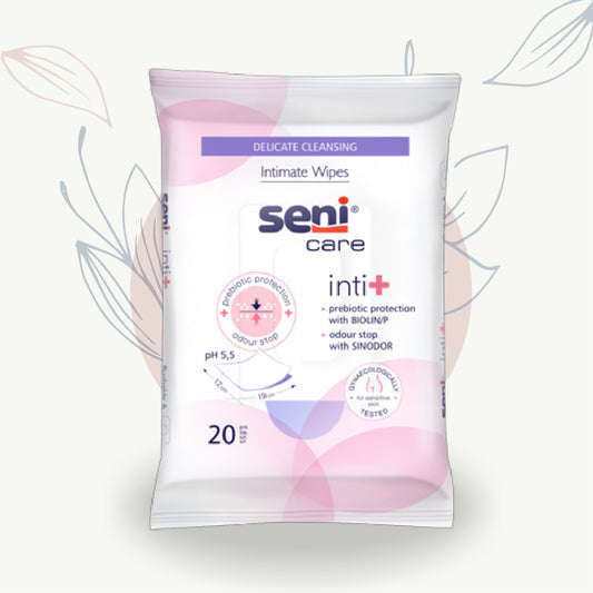 Lingettes intimes Seni Care inti+ pour soin délicat, protection prébiotique, pH 5,5, 20 lingettes