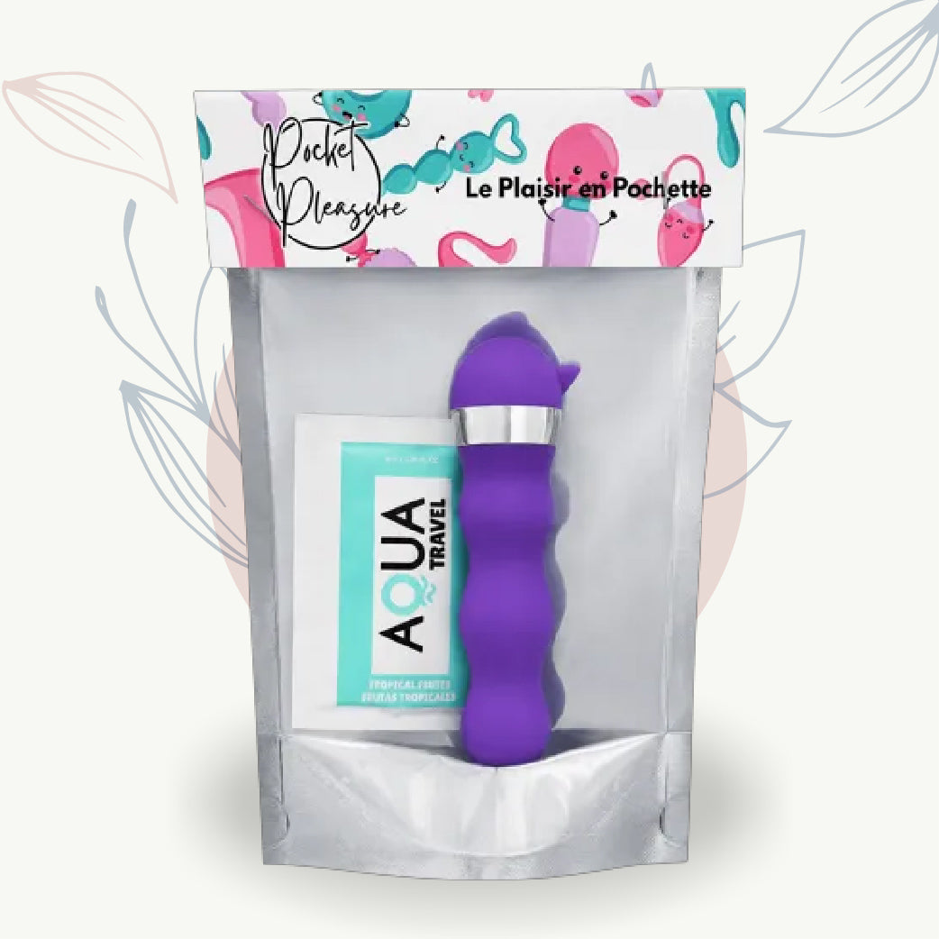 Vibrateur violet Pocket Pleasure avec lubrifiant Aqua Travel, plaisir intime discret et portable