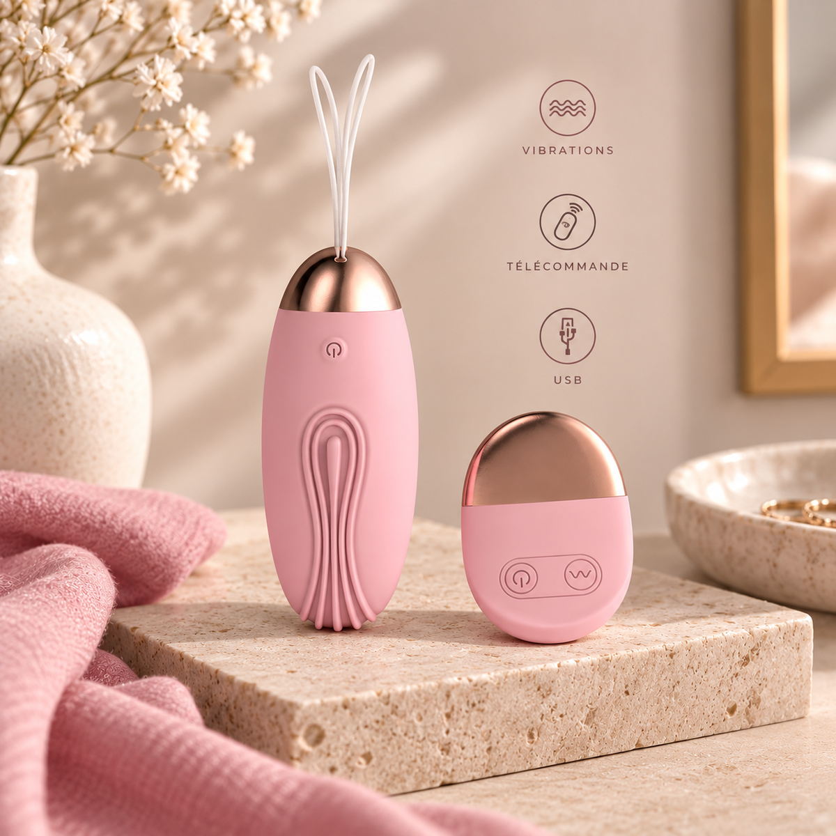 Oeuf Vibrant Rainuré Rose USB avec Télécommande