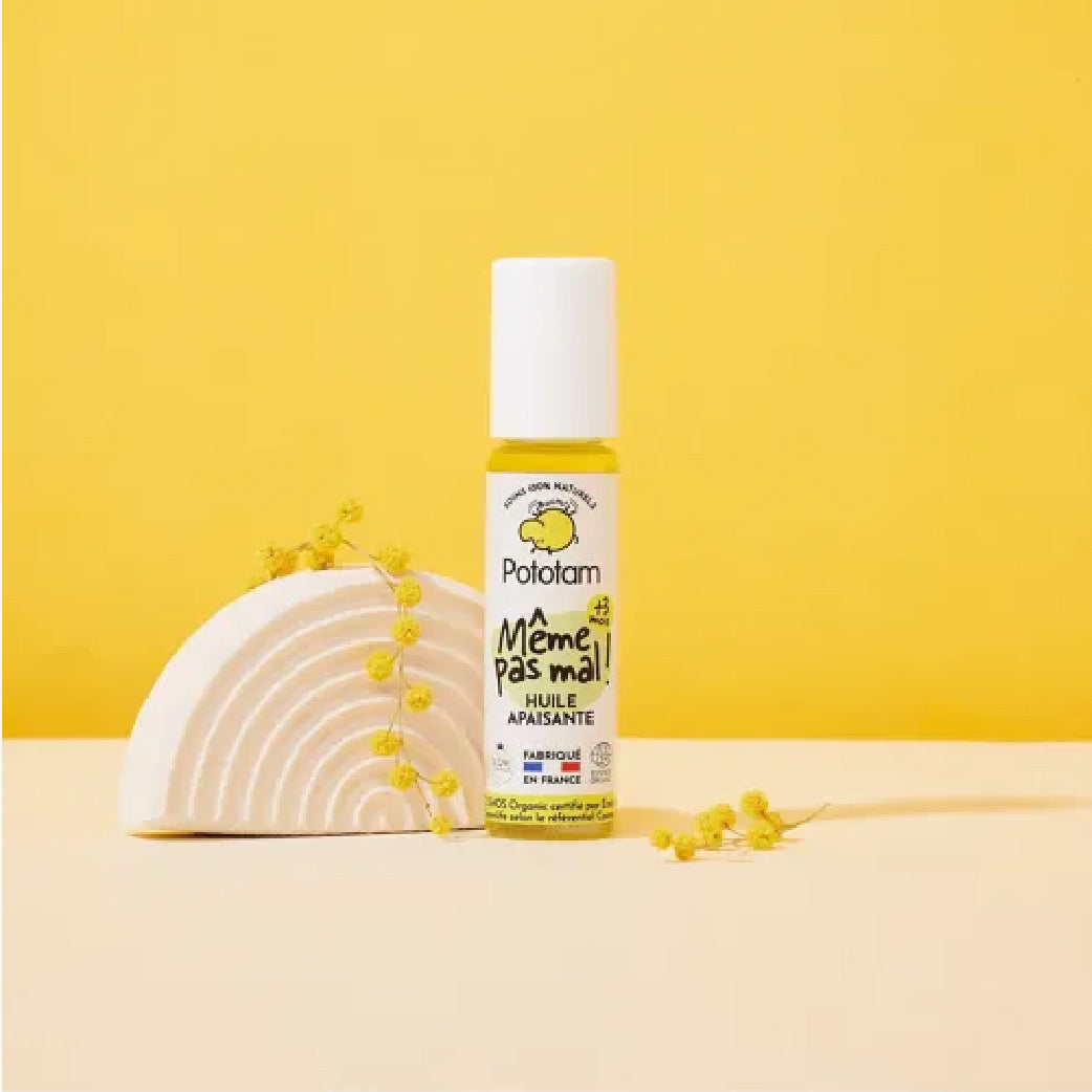Huile apaisante Pototam Même pas mal ! pour bien-être féminin, fabriquée en France, sur fond jaune doux