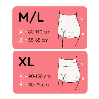 Guide des tailles pour sous-vêtements féminins, M/L et XL, avec mesures de tour de taille et hanches