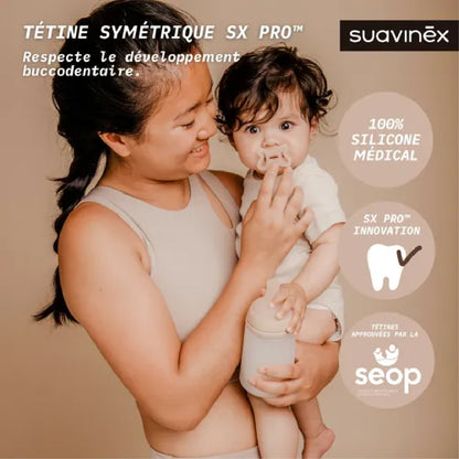 Tétine symétrique SX Pro en silicone médical pour bébé, respectueuse du développement buccodentaire, approuvée SEOP