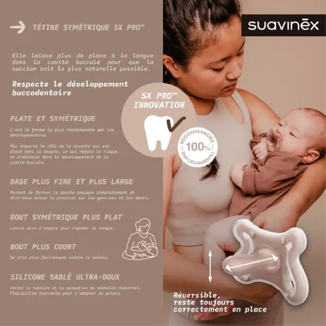 Tétine symétrique SX Pro en silicone souple pour bébé, respectueuse du développement buccodentaire, allaitement et bien-être maternel