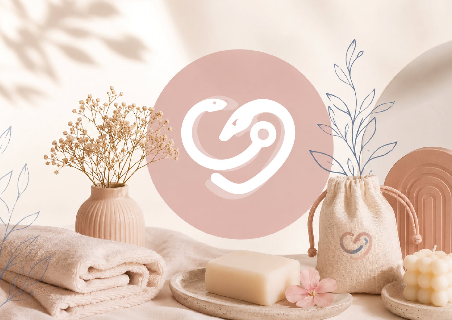Produits bien-être féminin : savon, serviette, sac en tissu et décoration douce pour maternité et soins intimes